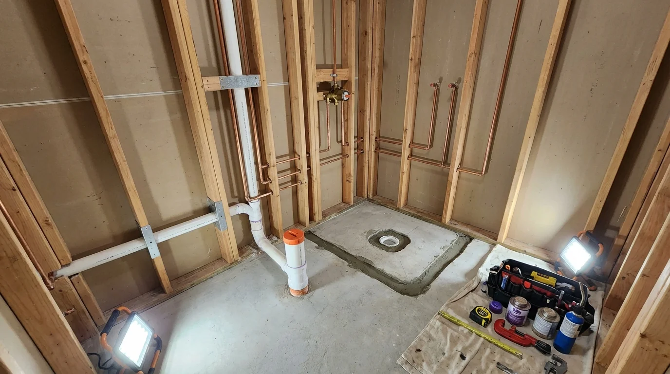 Bathroom rough-in plumbing during remodel by Johns Plumbing LLC in Daleville