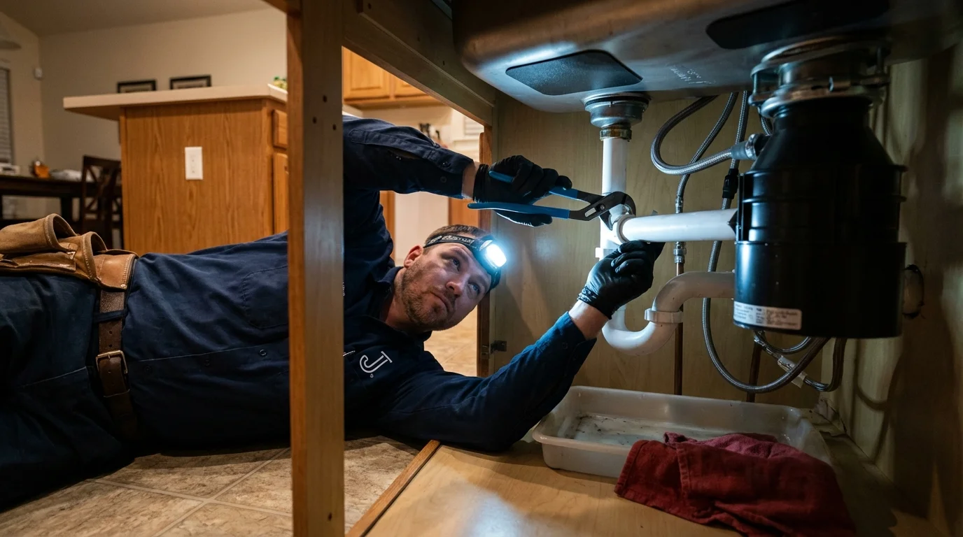 P-trap and supply line connections under a kitchen sink showing a common leak point in Daleville, AL